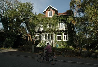011_15044 - efeubewachsene Villa in Neuengamme; ein Fahrradfahrer fhrt Richtung Ortsmitte. 