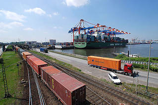 5446 Waltershofer Hafen - Gterzug mit Containern / Containerzug, Satteschlepper beim Containertransport und Containerschiff unter den Containerbrcken des EUROGATE Terminals.