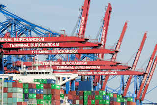 0392 Containerkrne ber einem Containerfrachter am Container Terminal Burchardkai im Waltershofer Hafen von Hamburg. 