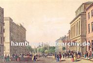 11_18992 Historisches Hamburg um 1840; die Brger flanieren in Sonntagskleidung auf der Dammtorstrasse. Vor dem Stadttheater steht eine Pferdekutsche - neben dem Theater befindet sich ein Caf und Restaurant. Im Hintergrund Baume am Dammtor. 
